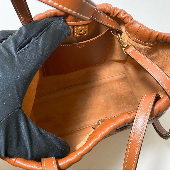 CELINE Triomphe Brown Leather Drawstring Bucket Bag - Picture 7 of 11
